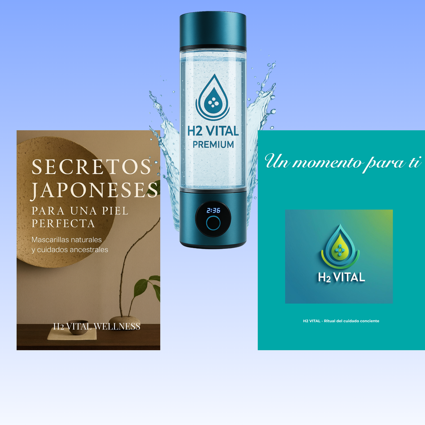 Pack lanzamiento H2 Vital con botella generadora de hidrógeno, e-book de bienestar y cuadernillo premium